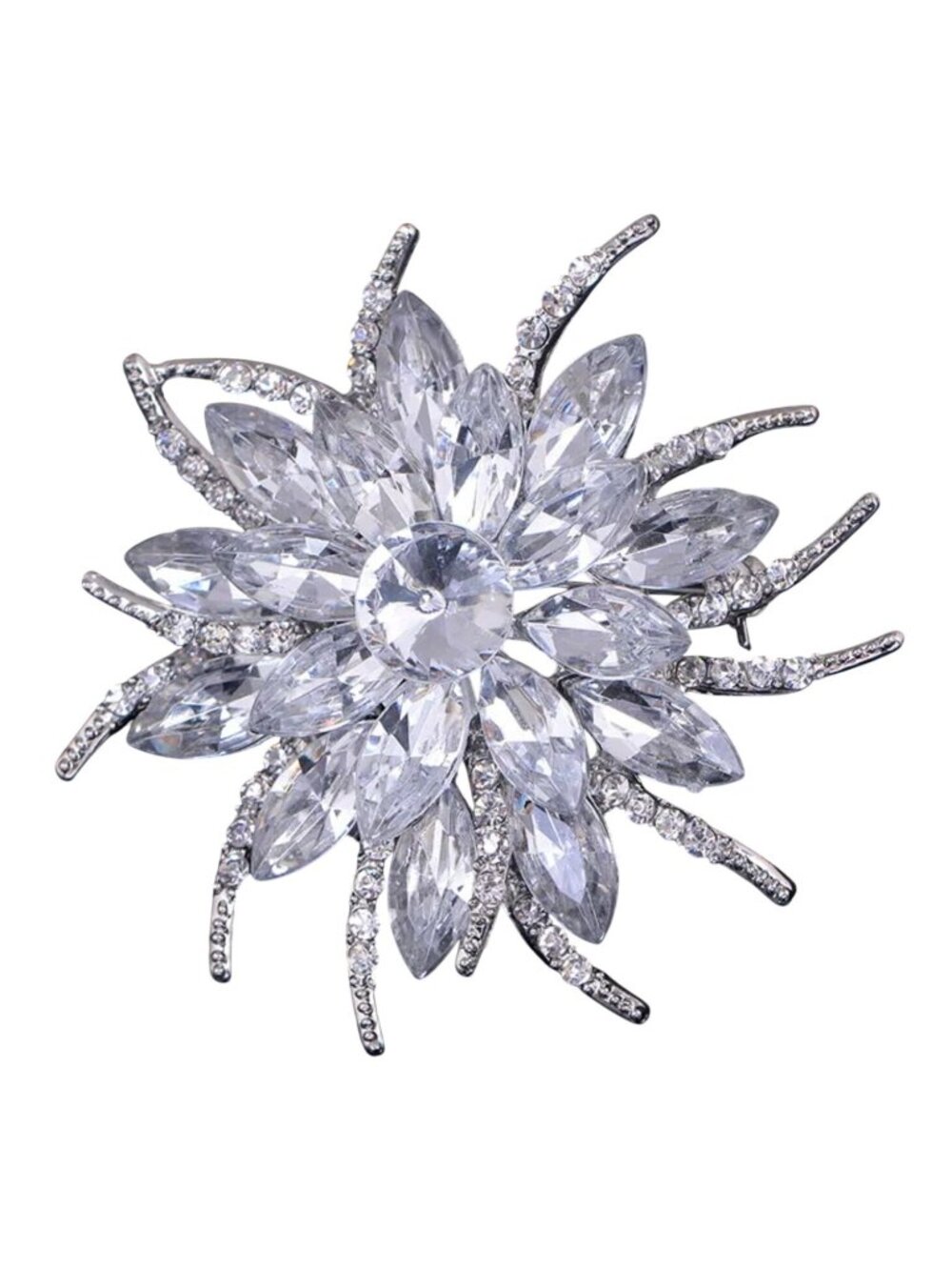 Flower Brooch Clear Glass Rivoli Rhinestone Silver Tone